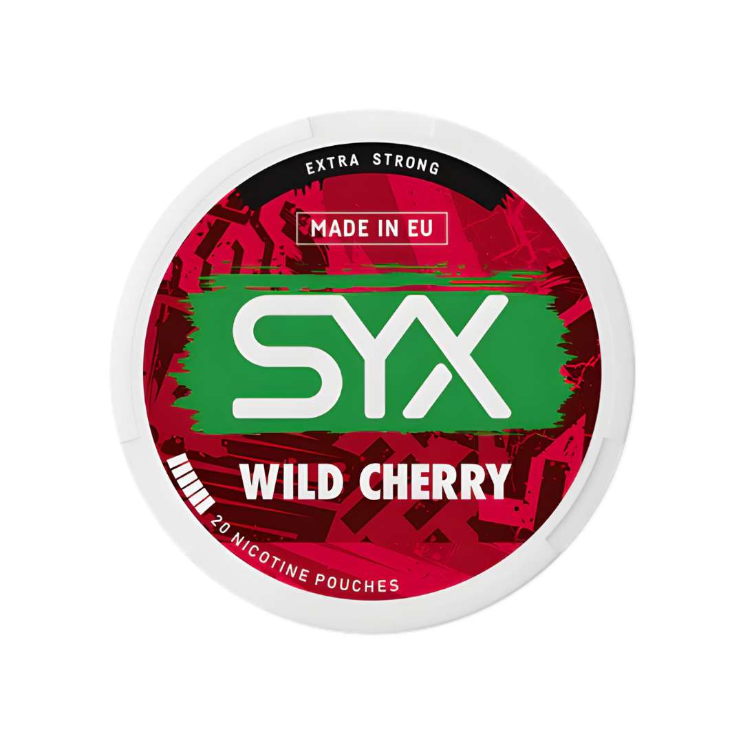 Detail close-up of the circular container with red and white label indicating wild cherry flavor.