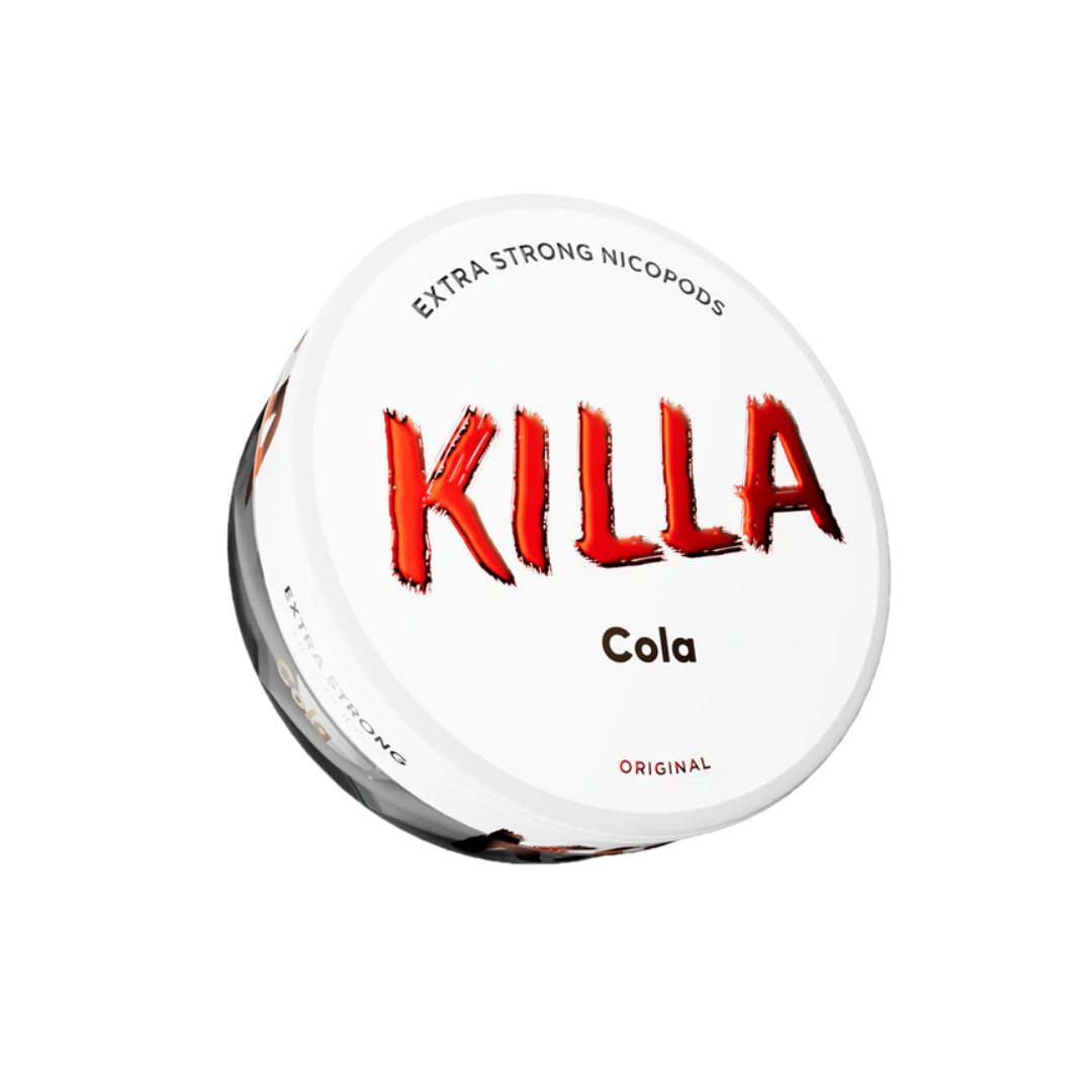 Detail close-up of a round Killa Cola snus can featuring bold red and white flavor label.