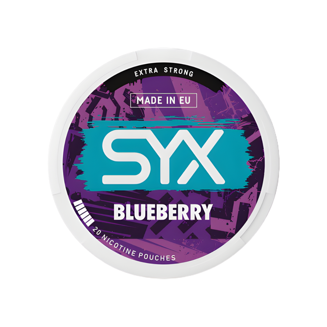 Detail close-up of the SYX Blueberry Extra Strong container featuring bold text and fruit illustration in purple and blue…