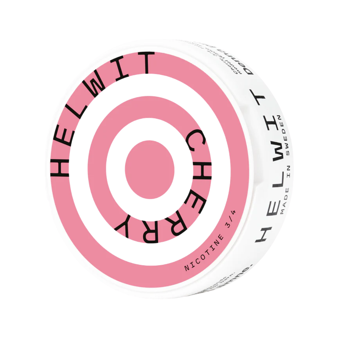 Detail close-up of circular pink and white packaging featuring the brand name and target design