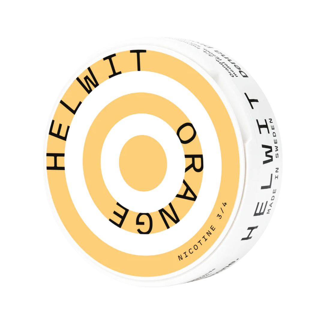 Detail close-up of the orange circular container featuring the brand name and label on a transparent background
