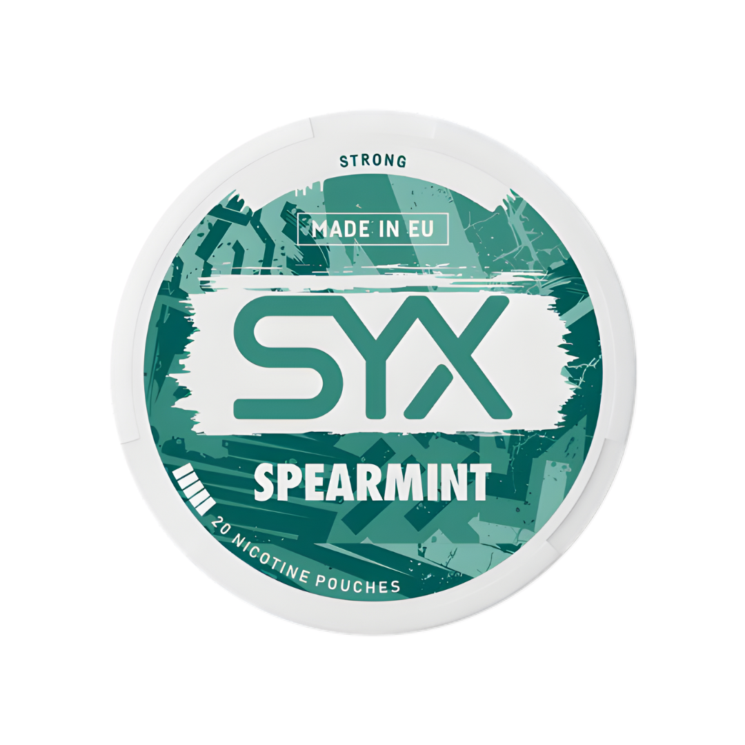 Detail close-up of the SYX Spearmint Strong pouch in a circular container, featuring green and white colors on a white bac…