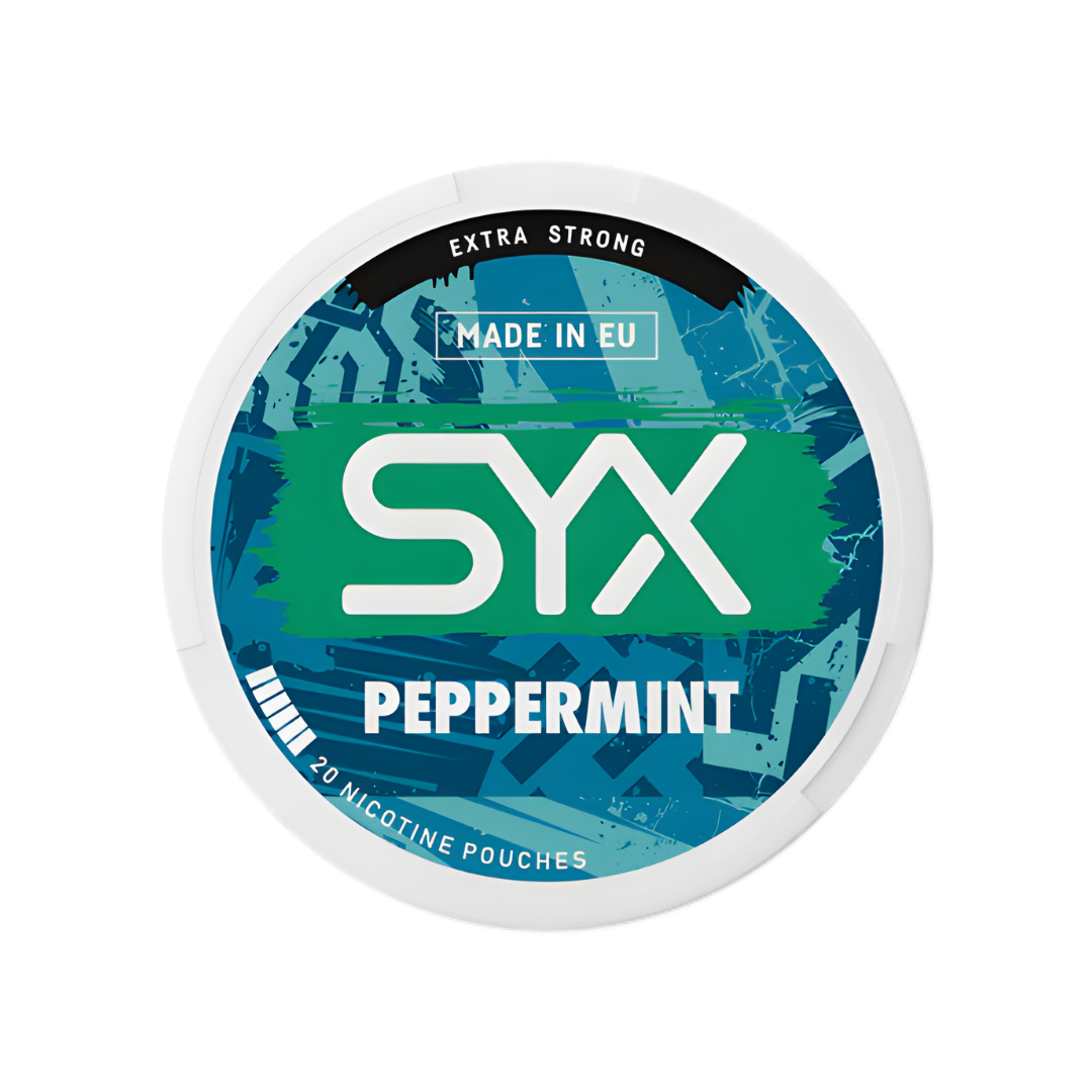 Detail close-up of SYX Peppermint Extra Strong in a circular container, featuring green and white branding.