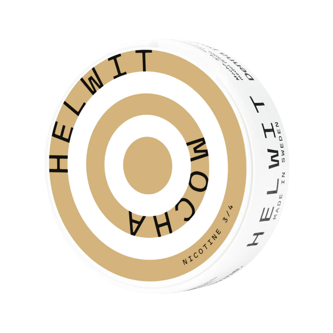 Detail close-up of Helwit Mocha's circular packaging in white and gold, showcasing a smooth surface and brand name.