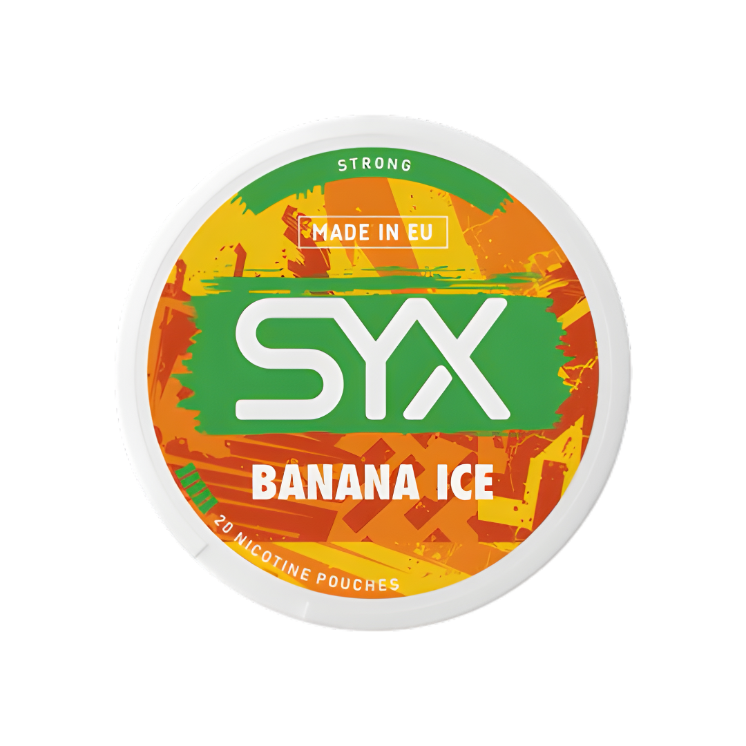 Packaging shot of SYX Banana Ice featuring a circular container in yellow, orange, and green colors with brand logo.