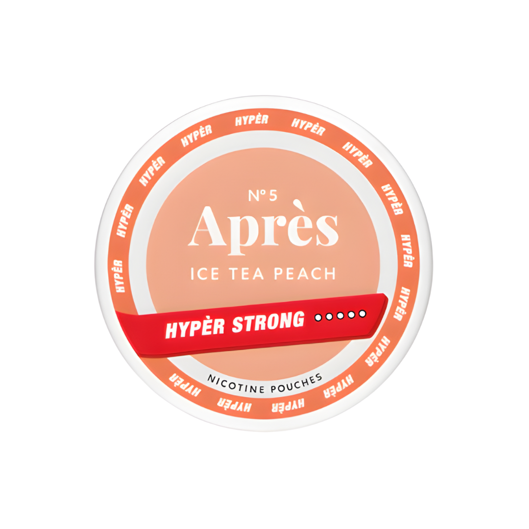 Detail close-up of the No.5 Après Ice Tea Peach label featuring orange, white, and red colors with text branding and a red…