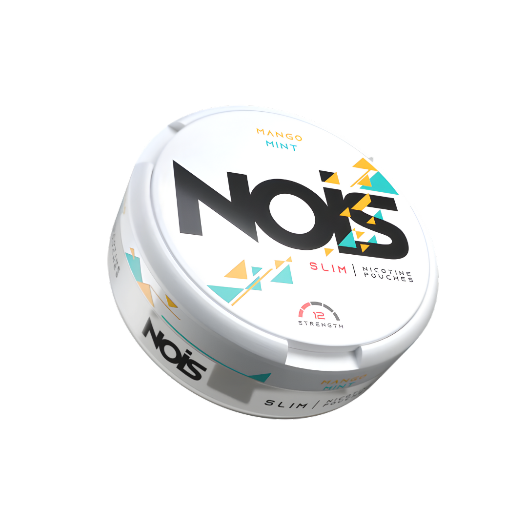 Side view of a white round container with colorful design and label text on a white background.