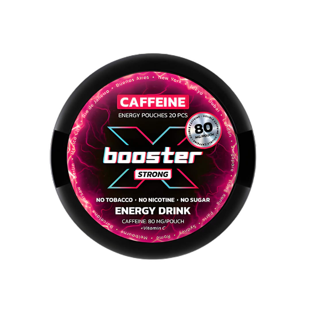 Detail close-up of X-Booster energy booster powder packaging in black, pink, and purple on a white background