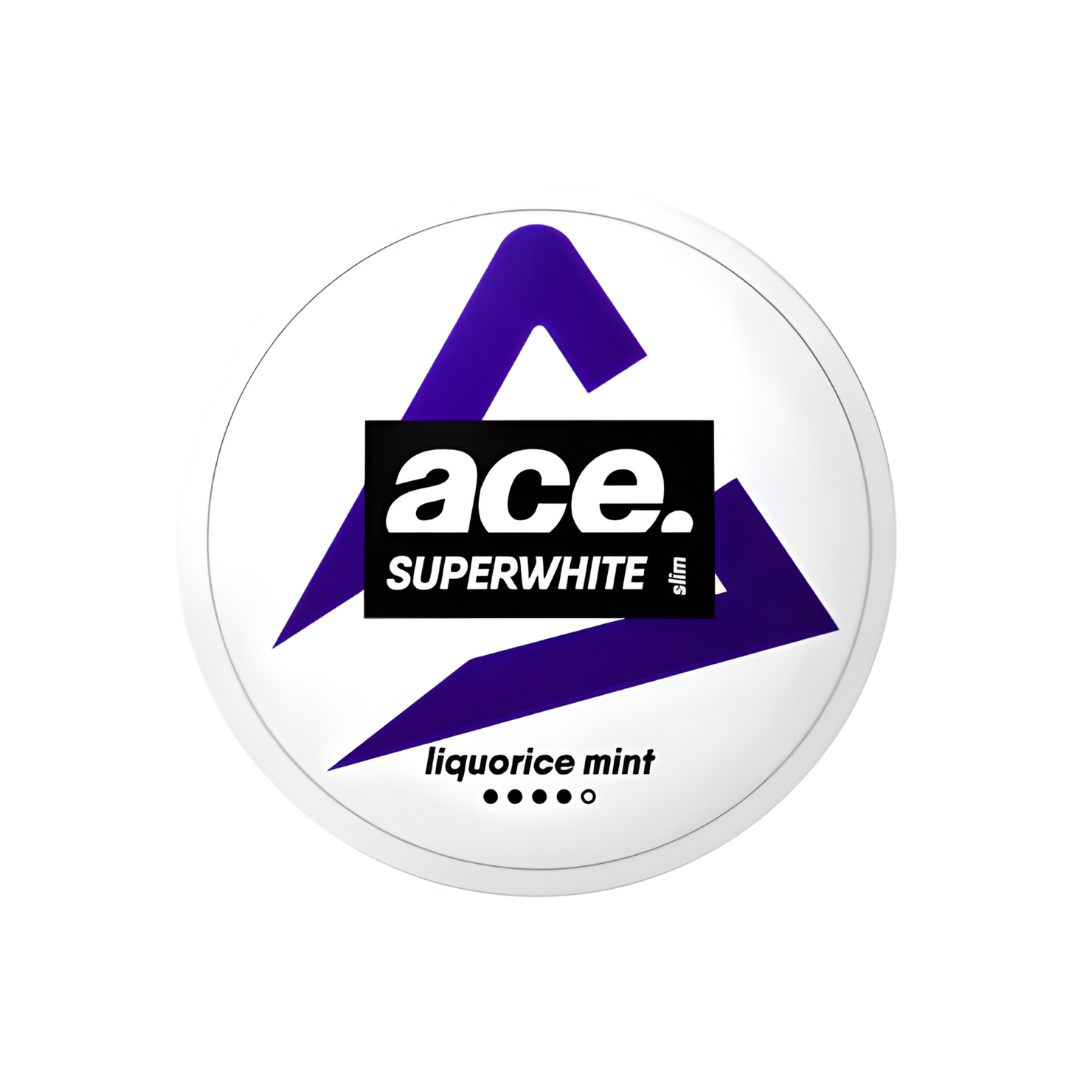 Sleek packaging of Ace Liquorice nicotine pouches in purple and black with a logo on a transparent background.