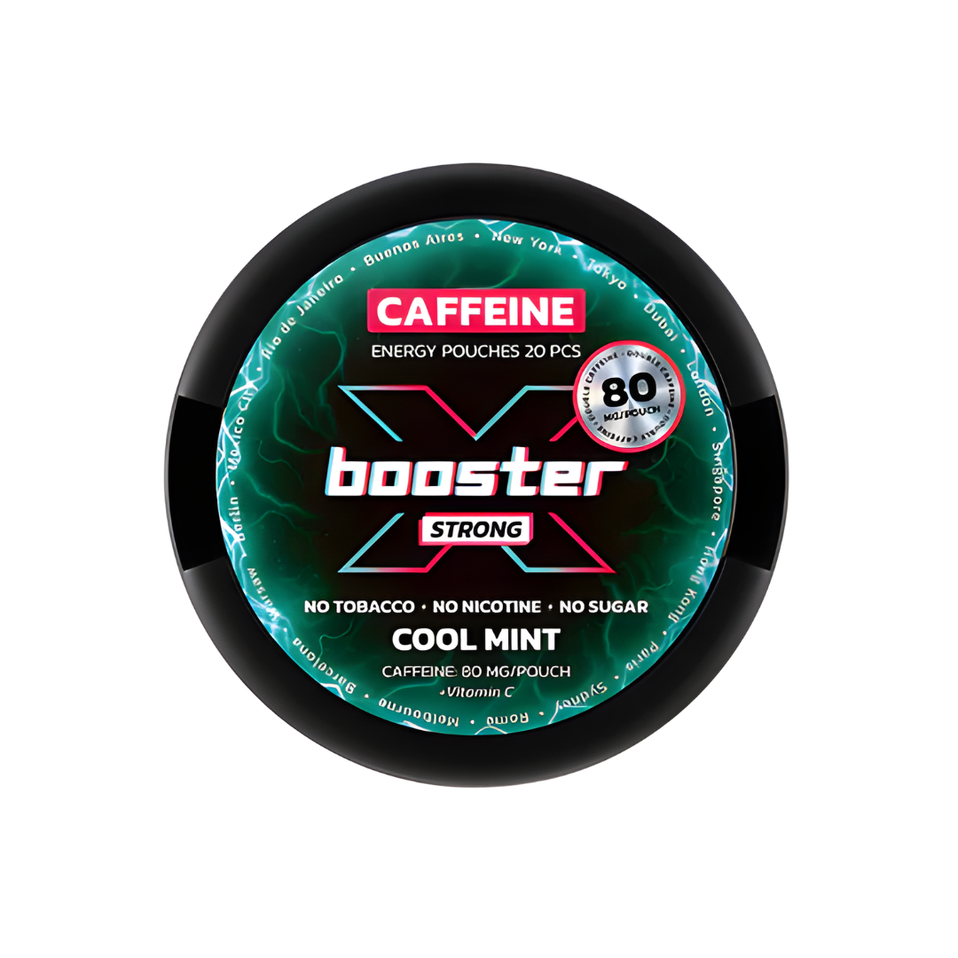 Front view of the X-Booster Cool Mint pouch in black, green, and white with a logo label.
