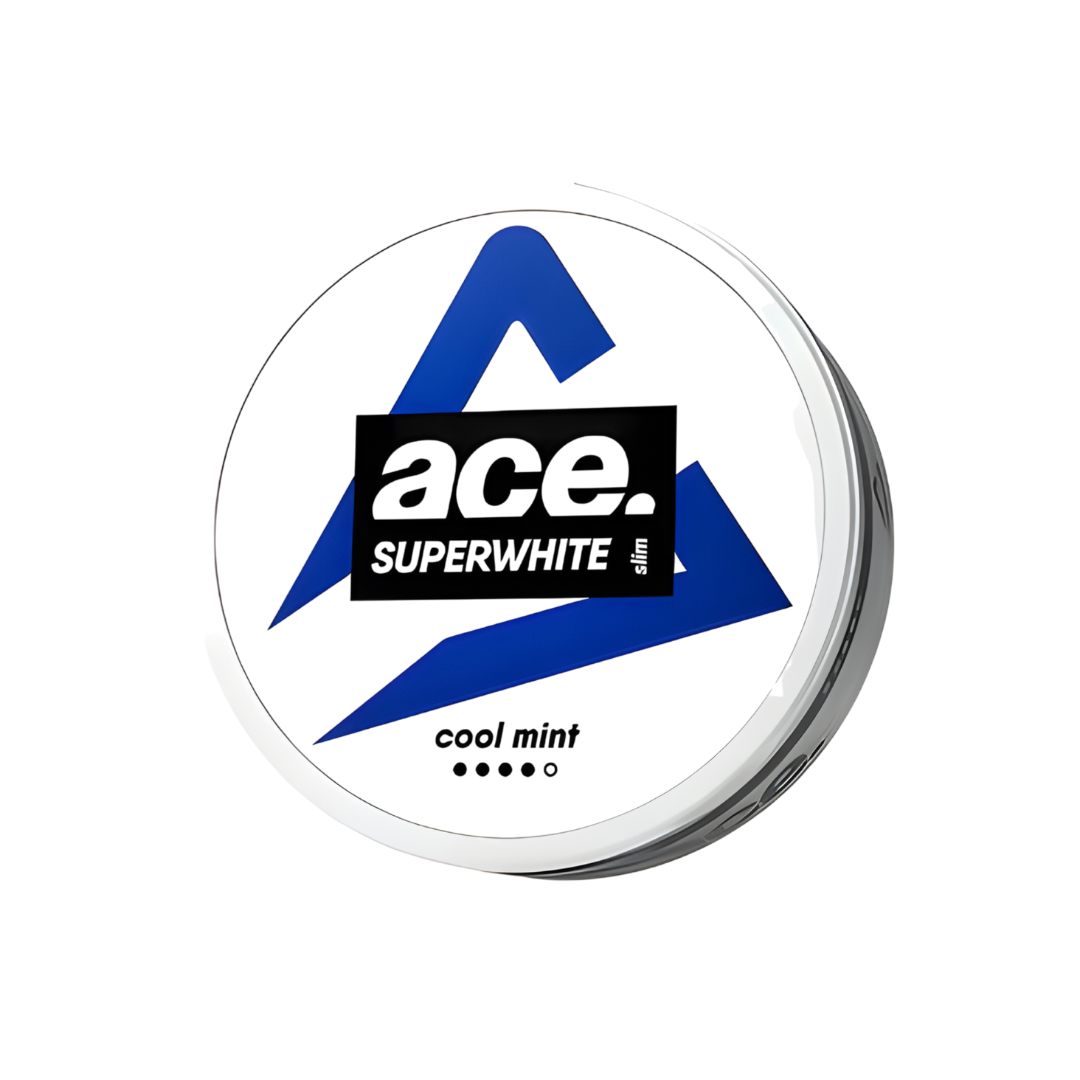 Detail close-up of Ace Cool Mint's white container featuring a blue and black logo with a mountain graphic.