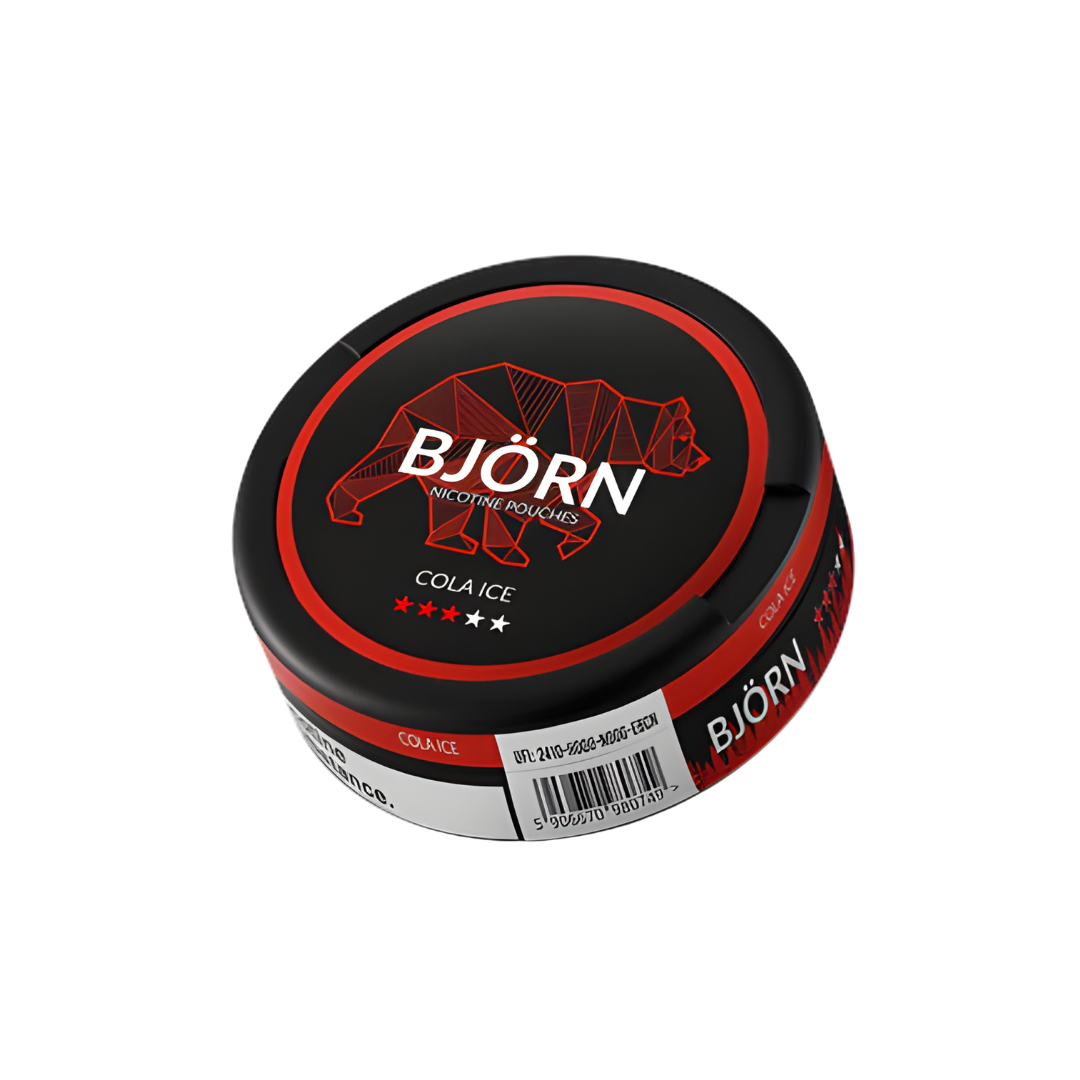 Detail close-up of Björn Cola Ice Medium packaging showing a round container with a red and black label on a white backgro…