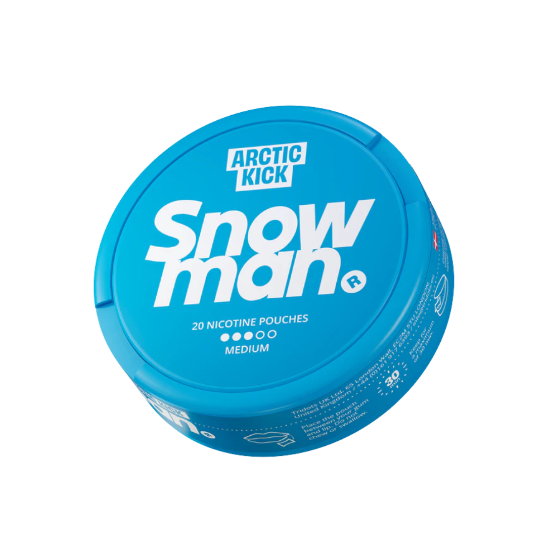 Detail close-up of the blue round container labeled Snowman Arctic Kick on a white background