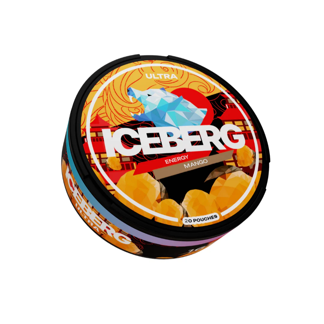 Front view of the circular Iceberg Energy Mango nicotine pouch tub featuring a polar bear graphic and vibrant colors.