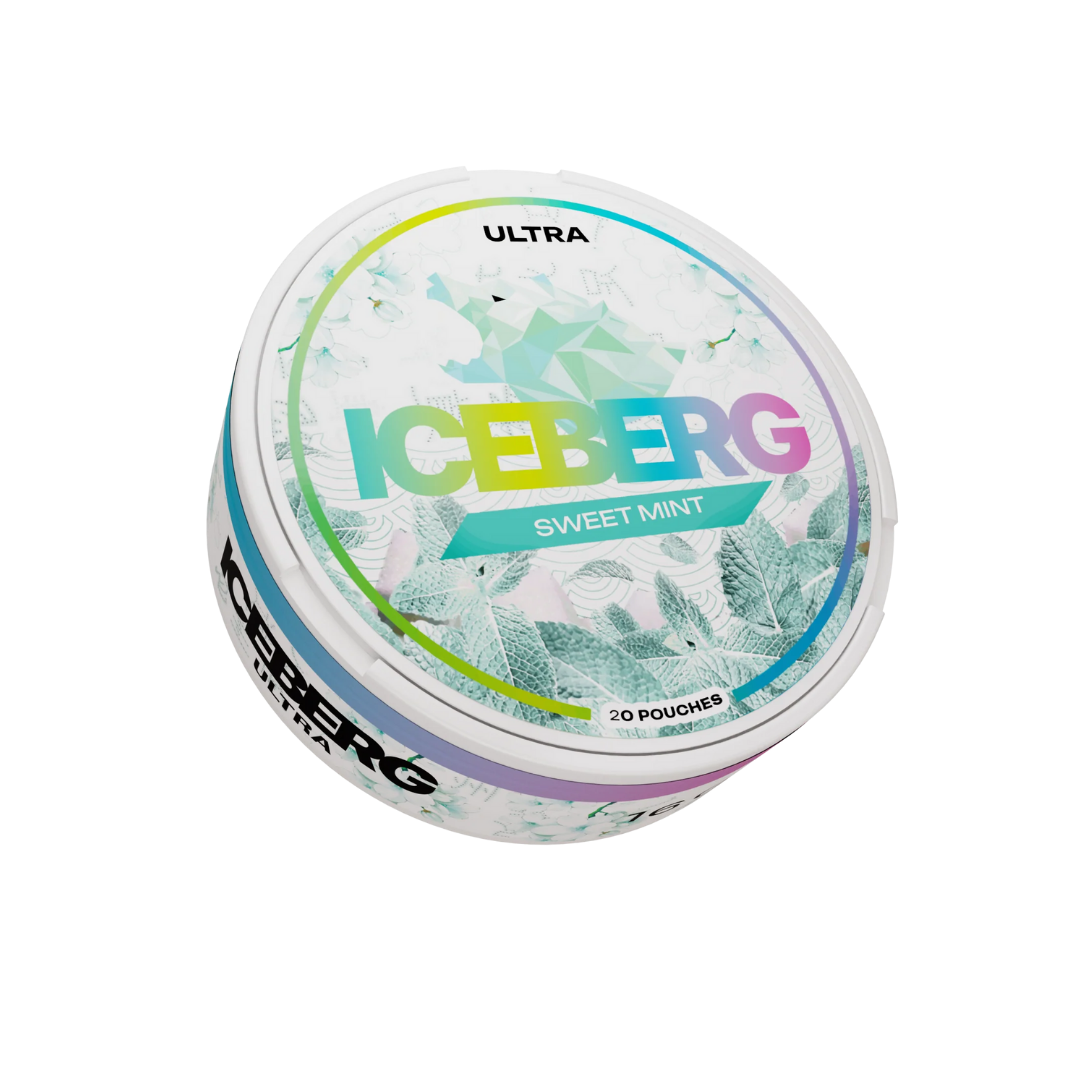 Detail close-up of a colorful label on a frosted white and blue container with a screw top