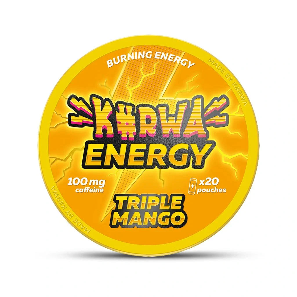 Detail close-up of Kurwa Energy Triple Mango can showcasing bold logo and vibrant mango flavor in yellow and orange colors.