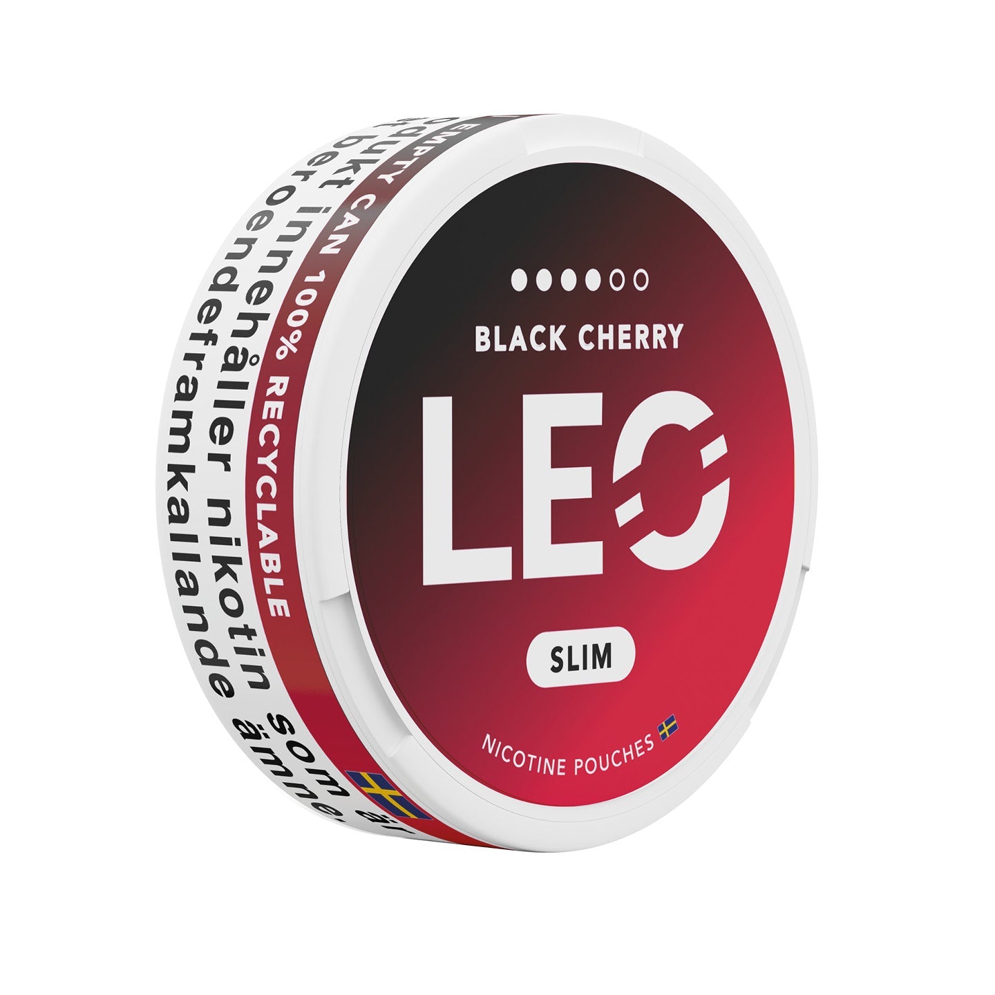 Detail close-up of the LEO Black Cherry can showcasing its round design, red and black colors, and flavor indication.