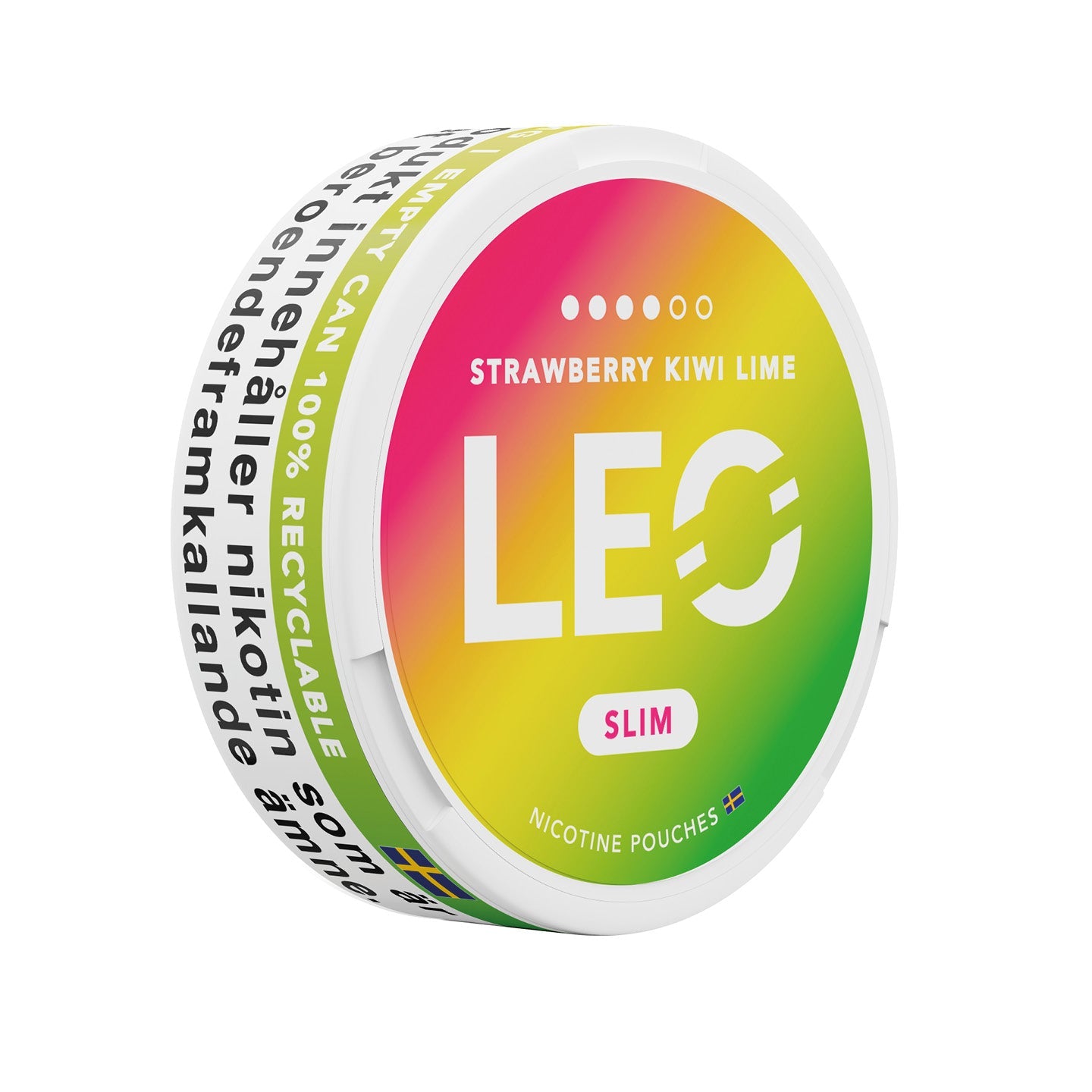 Detail close-up of the LEO strawberry container with a circular design in pink, yellow, and green.
