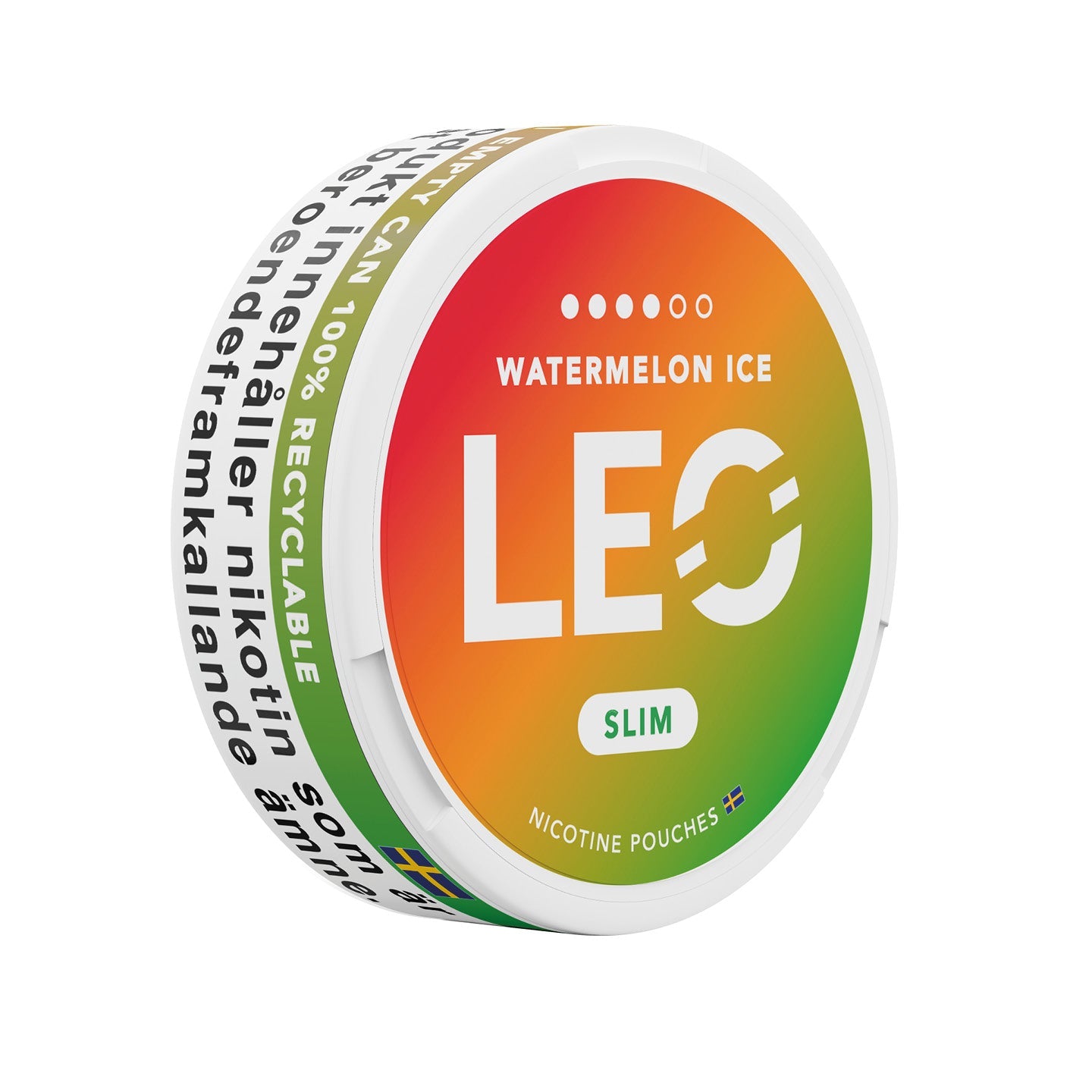 Detail close-up of LEO watermelon can showcasing a colorful label in green, orange, and white.