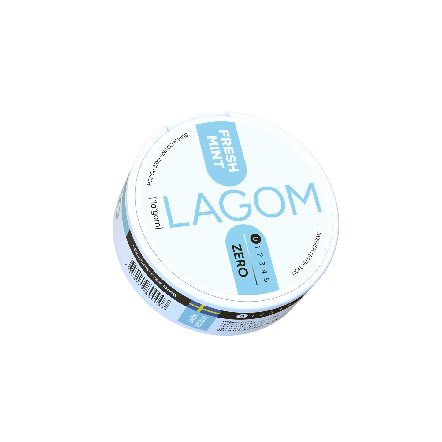 Detail close-up of Lagom Fresh Mint in a circular container with a light blue label on a transparent background