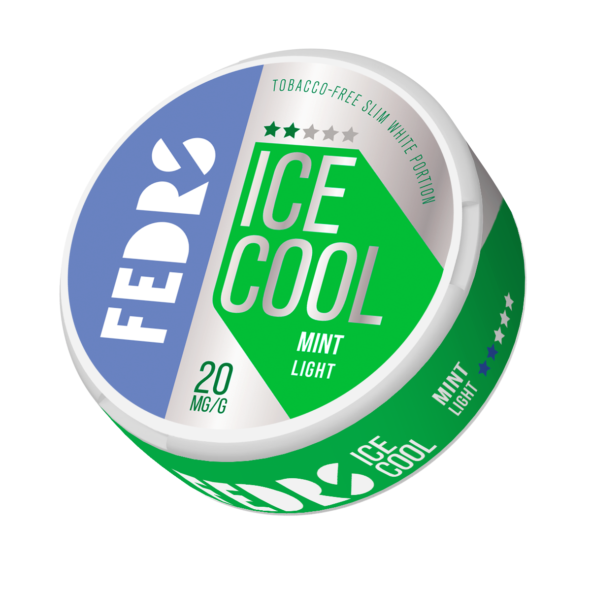 Detail close-up of the round mint flavor can featuring ice cool branding in blue, green, and white.