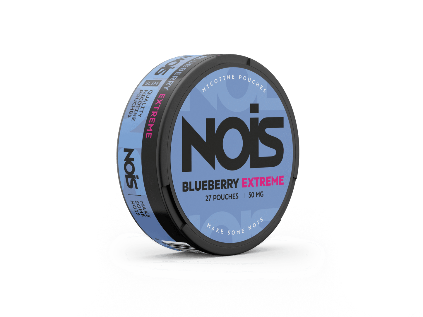 Side view of Nois Extreme Blueberry container featuring label text against a blue and black background.