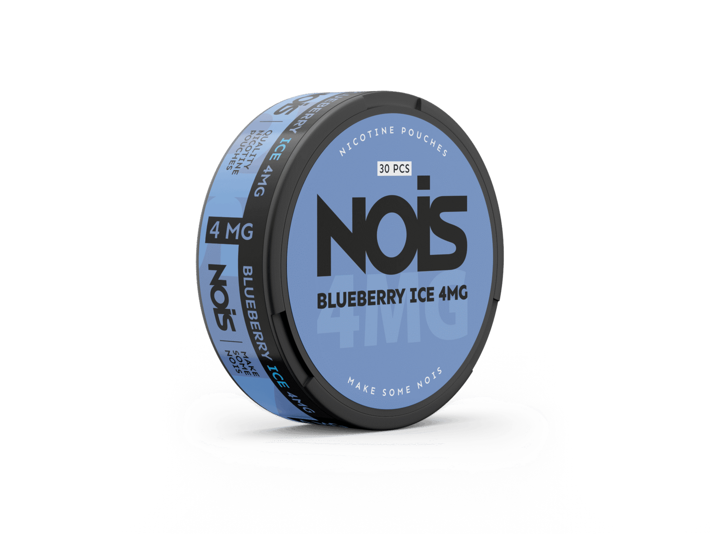 Detail close-up of the NOIS blueberry ice container featuring a round shape and blue and black label text.