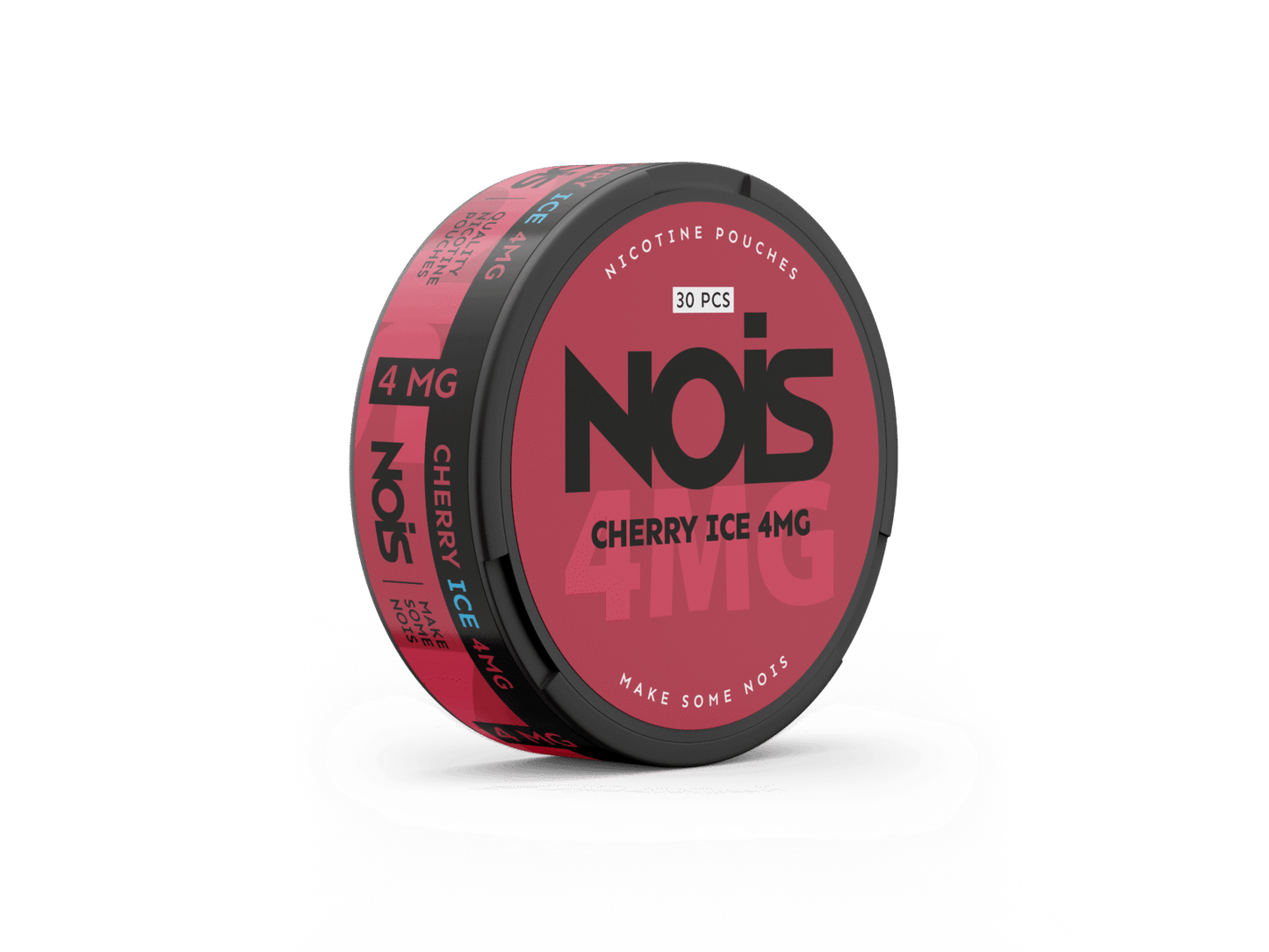 Front view of the NOIS cherry ice round tin featuring a red and black flavor label.