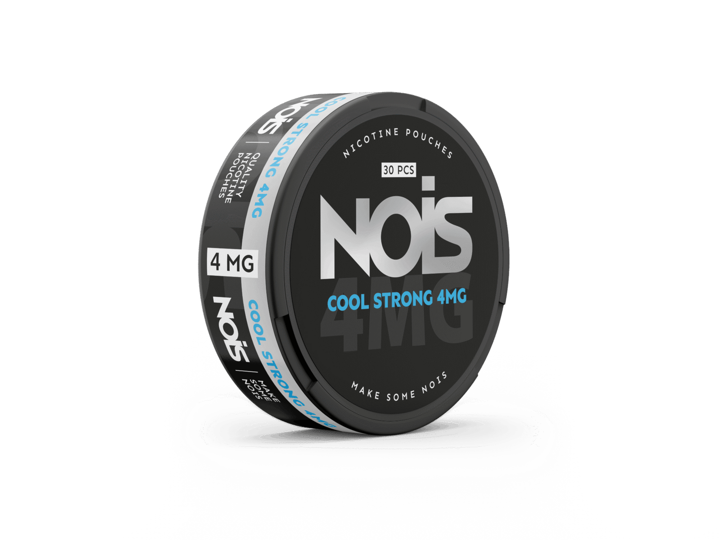 Side view of the black and white NOIS can showcasing cool strong flavor against a solid color background.