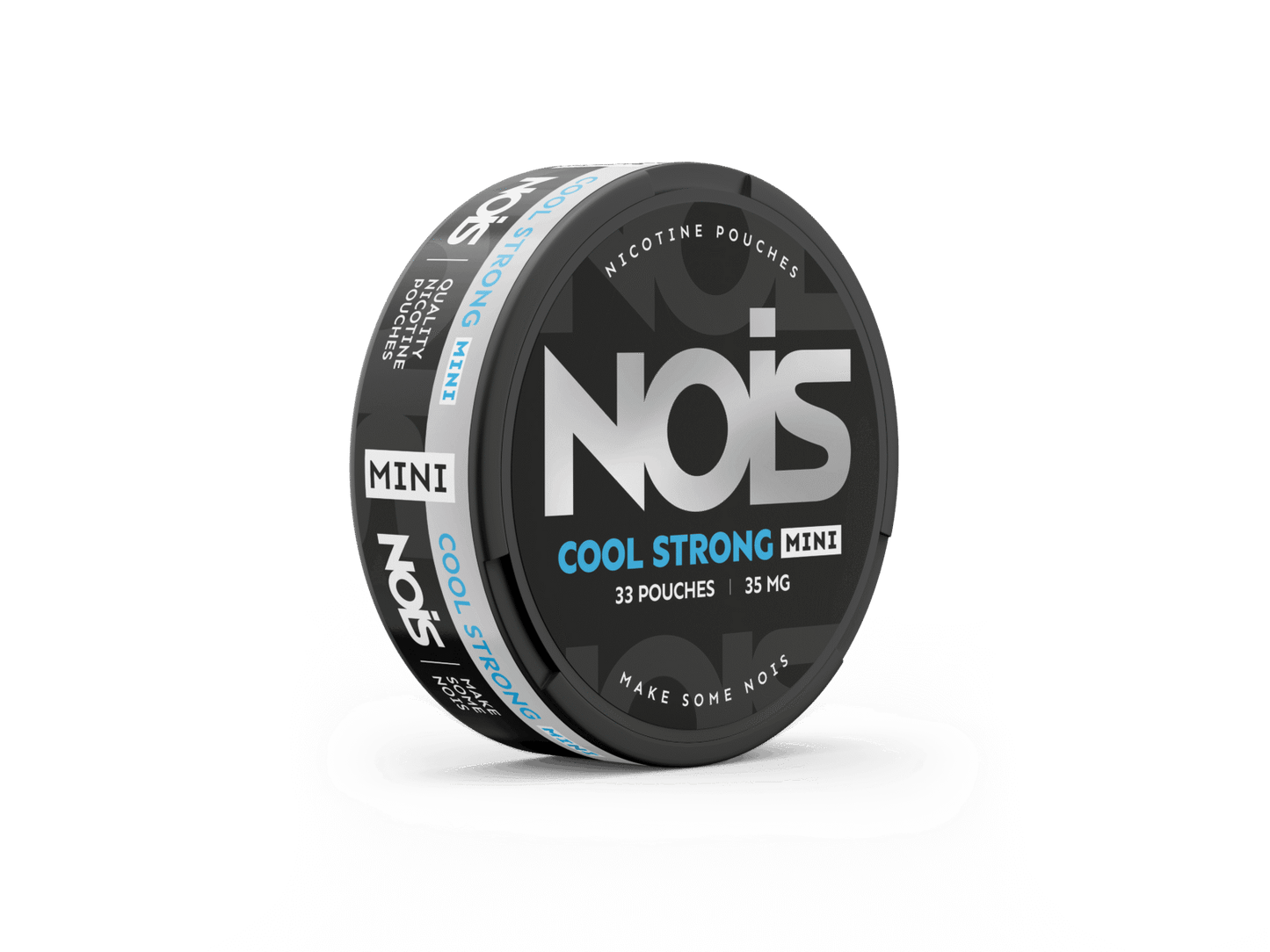 Side view of the black and blue round tin showcasing the label design for NOIS Cool Strong Mini.