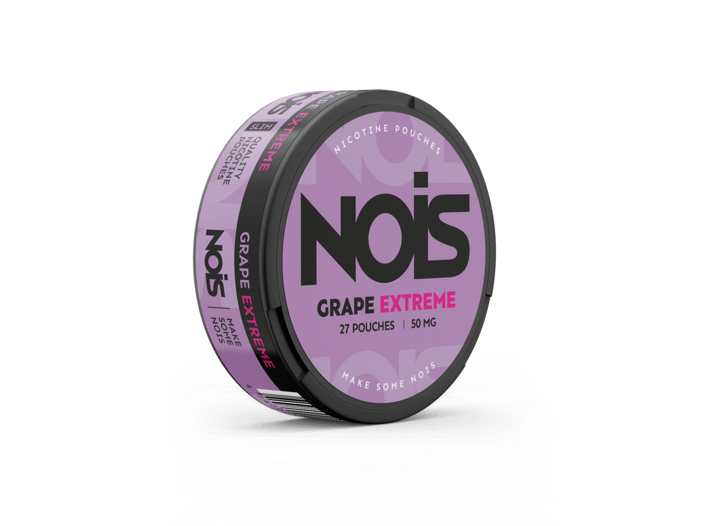 Side view of NOIS grape extreme with a purple and black circular container and grape flavor label.