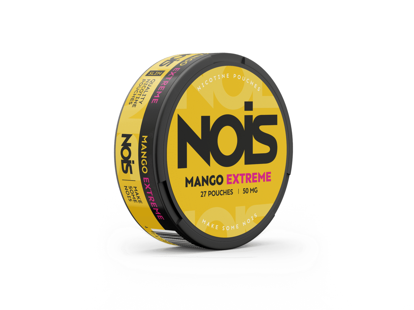 Front view of the yellow container highlighting mango flavor against a solid-color background.