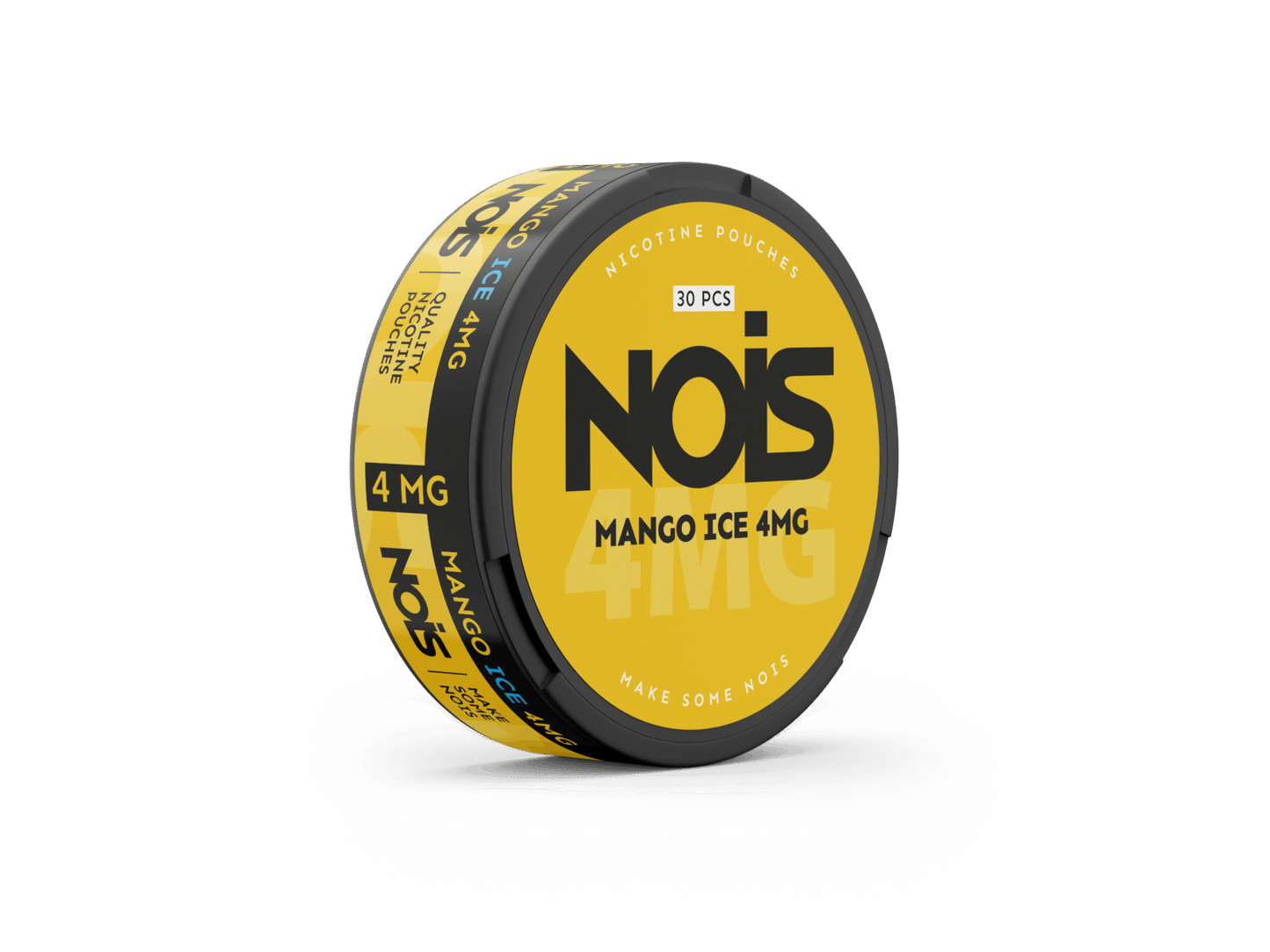 Side view of the Nois mango ice can in yellow and black featuring the flavor label.