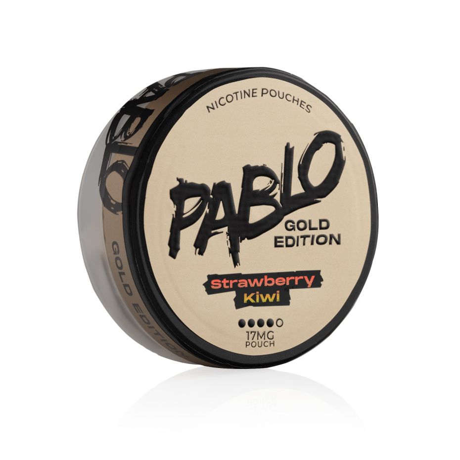 Detail close-up of Pablo Gold Edition packaging showcasing bold logo and strawberry kiwi flavor on a white background.