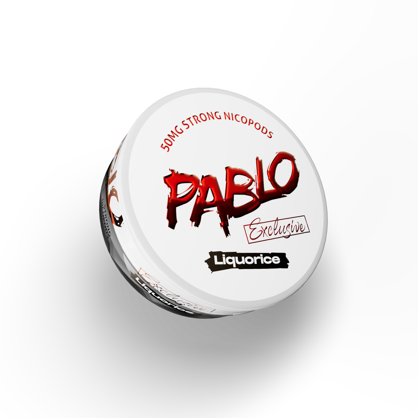 Front view of Pablo liquorice tin in black, white, and red with logo text and round shape.