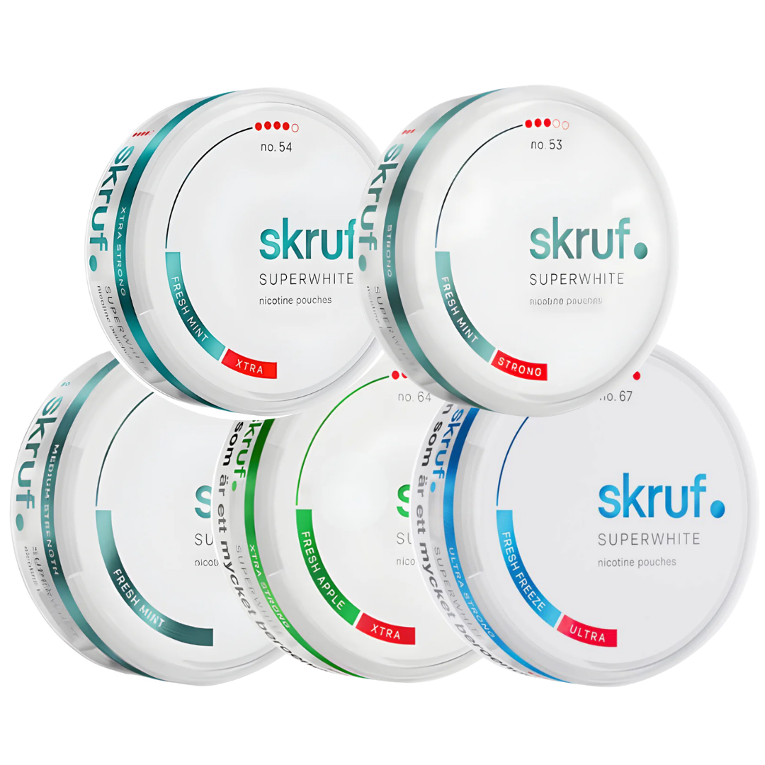 Packaging shot of multiple Skruf snus cans in white, green, and blue showcasing various flavors.