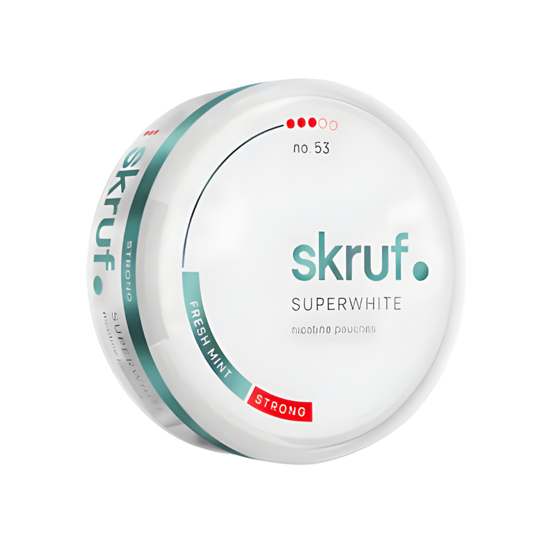 Detail close-up of the round Skruf Superwhite No. 53 Fresh Mint can with teal and red label design.
