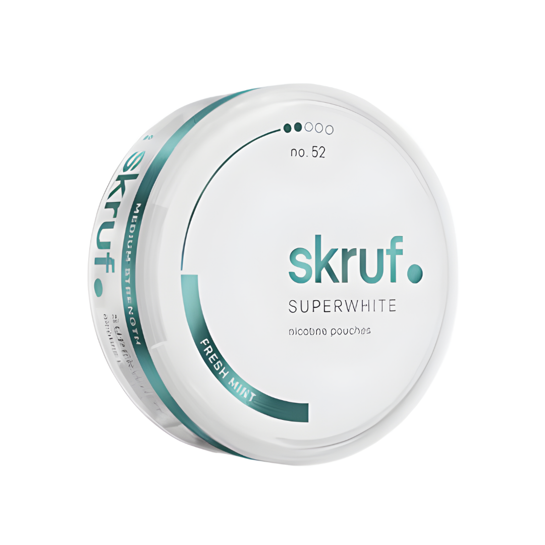 Detail close-up of Skruf Fresh Mint No. 52 snus can in white and teal with a circular design and brand logo.