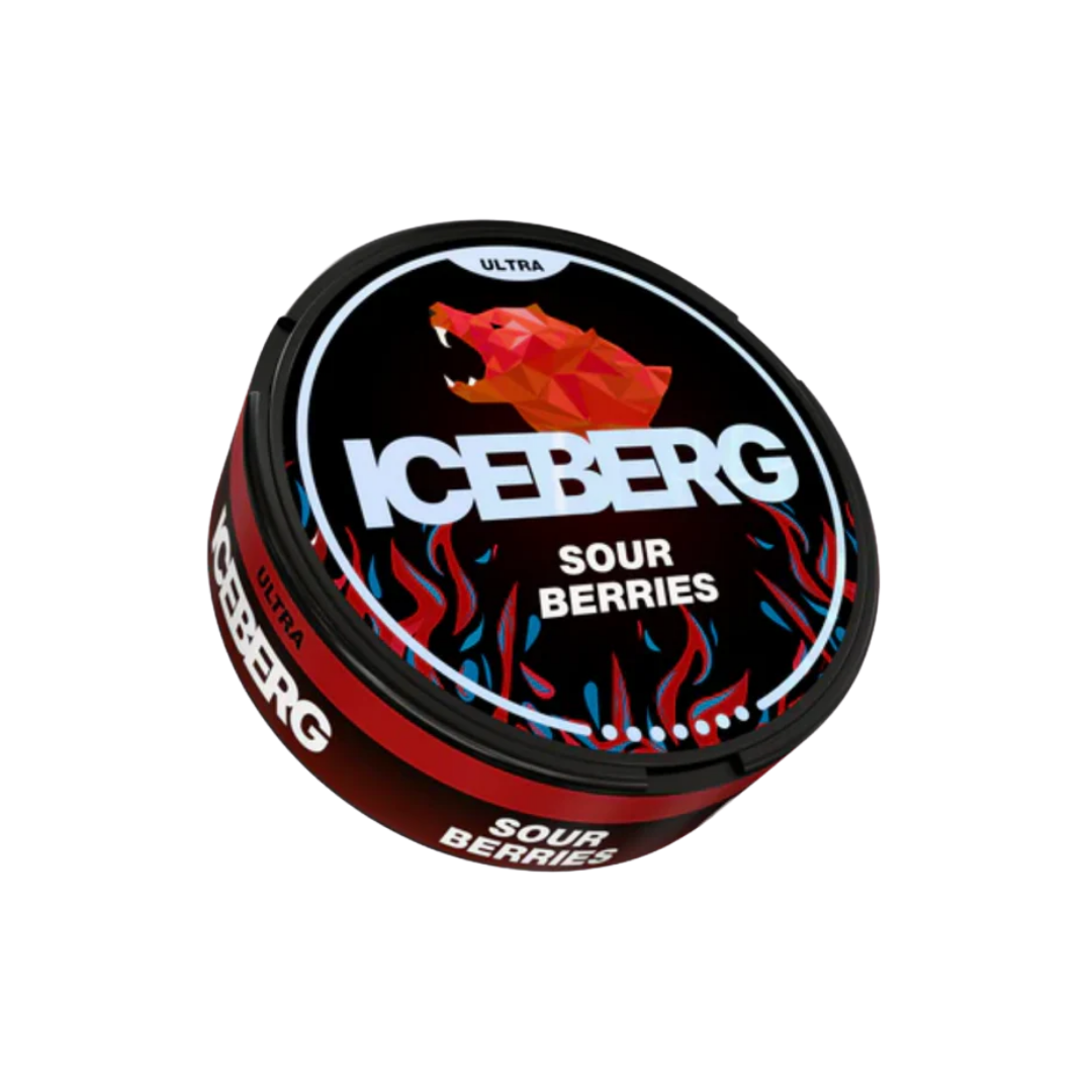 Detail close-up of the Iceberg Sour Berries snus can featuring a black and red circular design with brand logo.