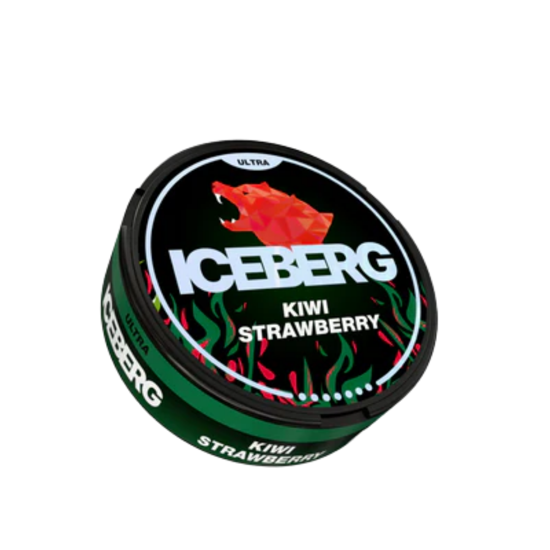 Detail close-up of a circular black and red snus can featuring strawberry flavor graphic design on a transparent background