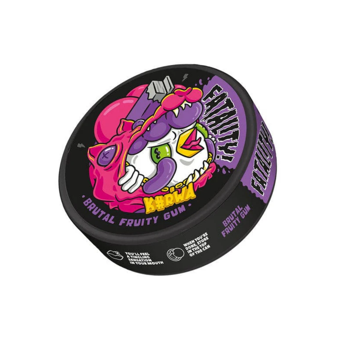 Detail close-up of Kurwa Fatality Brutal Fruity Gum packaging featuring a colorful label and round container.