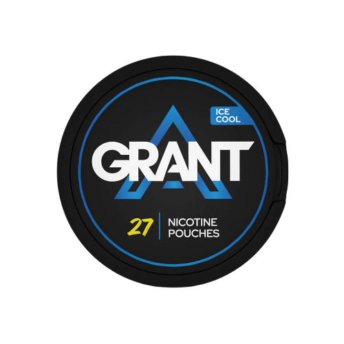 Front view of Grant Ice Cool Slim Extra Strong container in black, blue, and white with logo.
