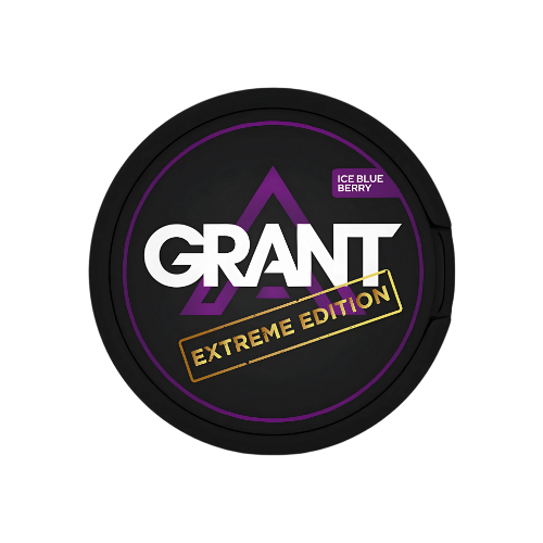 Front view of the circular container for Grant Ice Blueberry Extreme featuring a bold black, purple, and white logo.