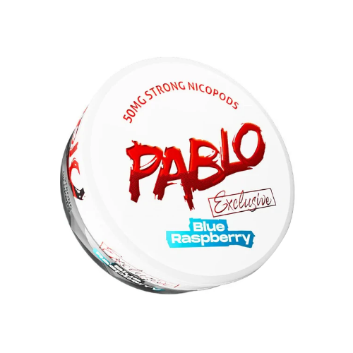 Detail close-up of a round white container with bold logo, showcasing blue raspberry nicotine pouches.