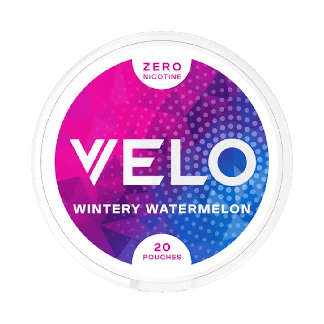 Front view of the watermelon flavored pouch in a circular container with a bold logo, featuring pink and blue colors.