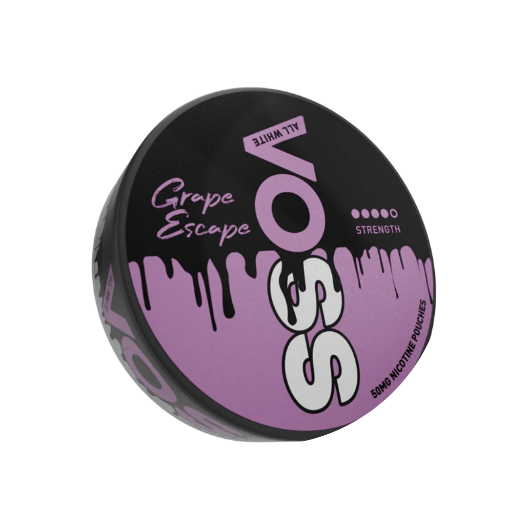 Detail close-up of the VOSS container showcasing round shape, black and purple colors, and dripping design.