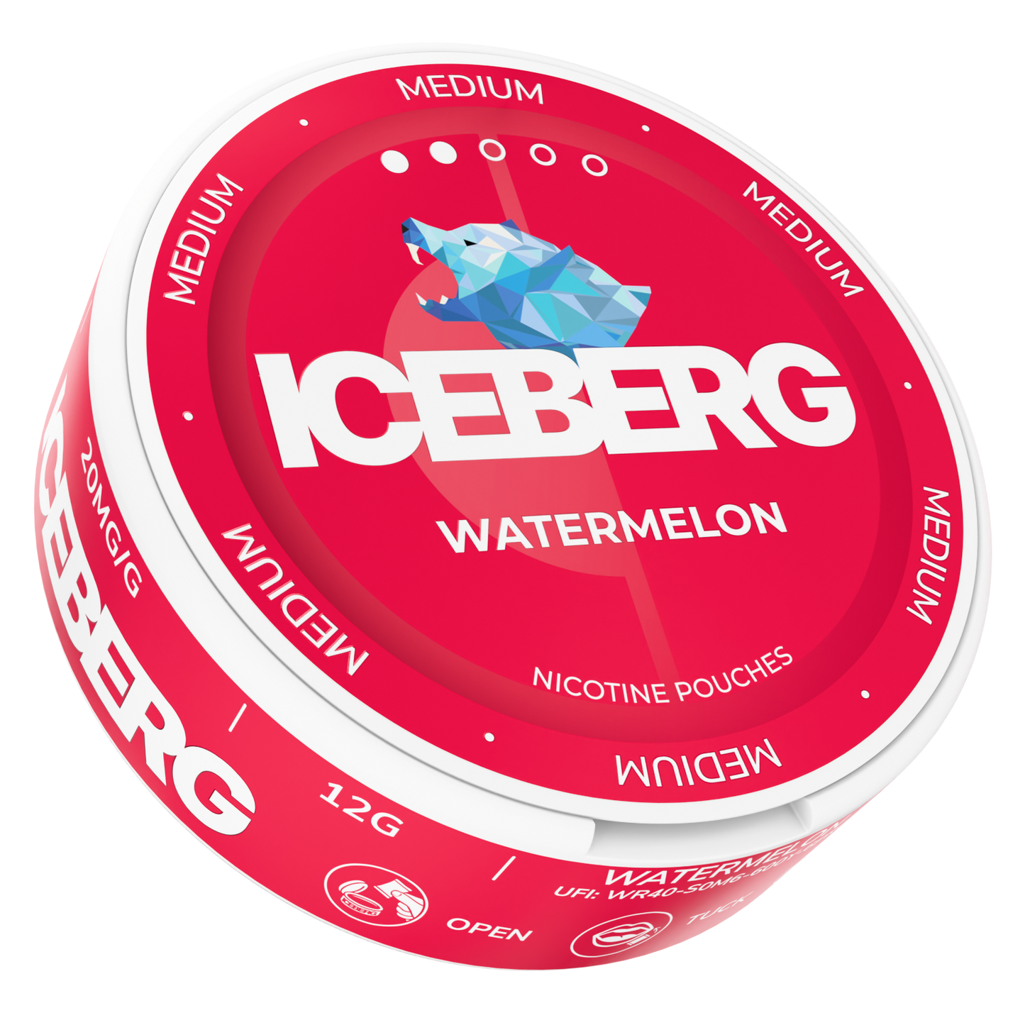 Front view of the watermelon flavored snus container with bold text and a red-white watermelon graphic.