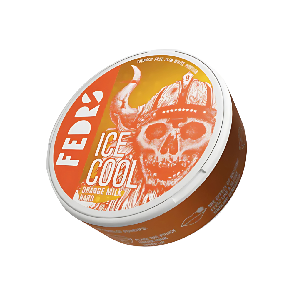 Detail close-up of the orange and white circular container featuring a skull graphic and screw top lid