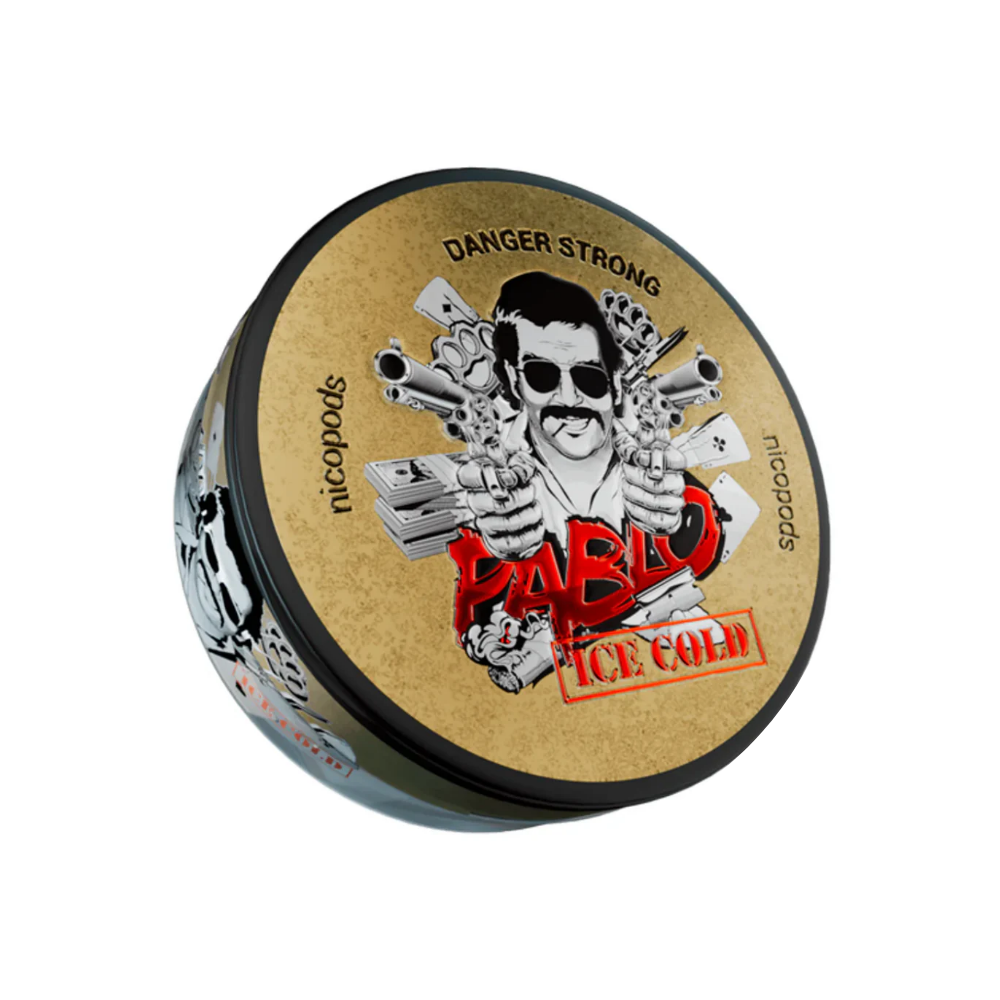 Detail close-up of the round tin featuring black, gold, and red graphic design with a screw top