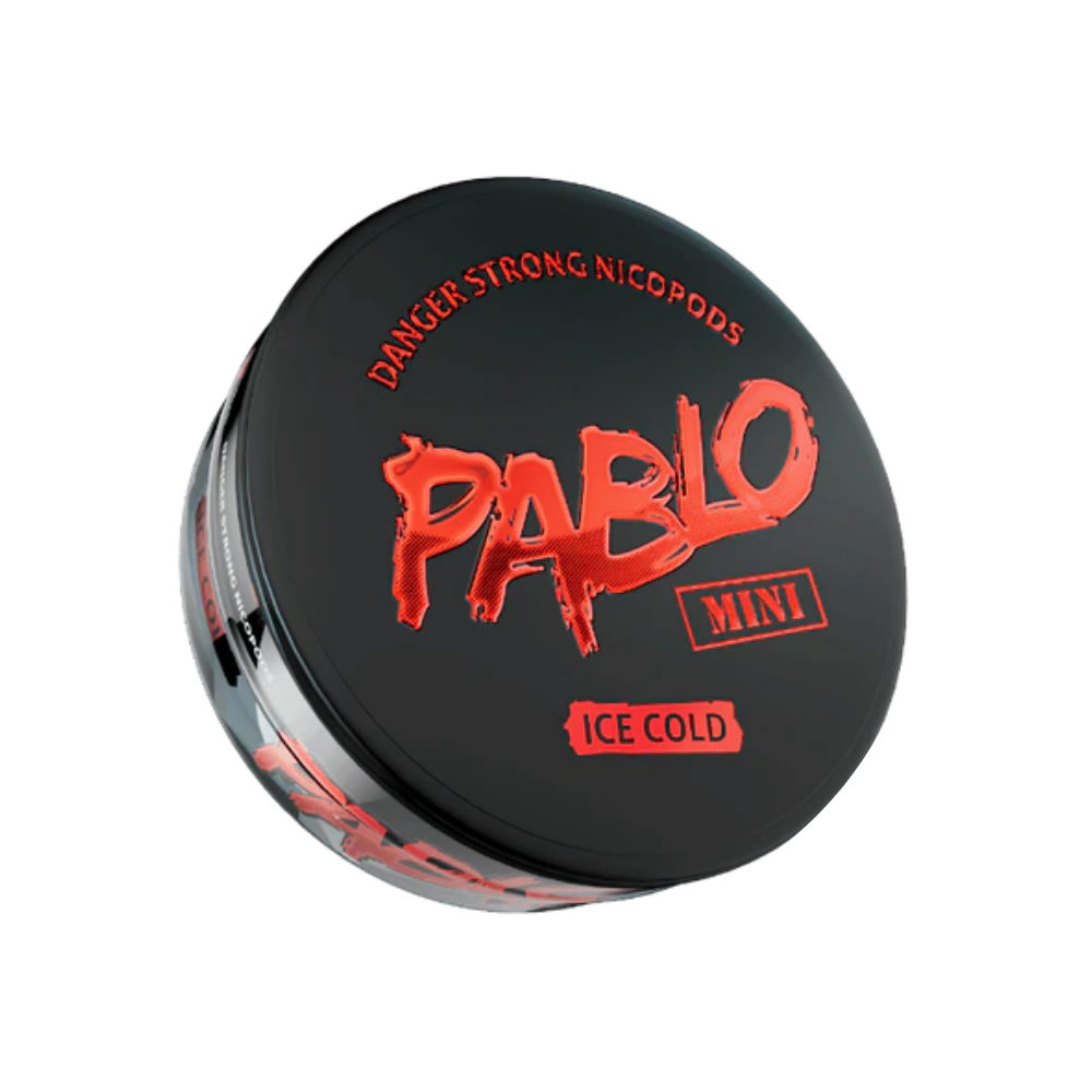 Detail close-up of the round container featuring a bold black and red design with the product logo.